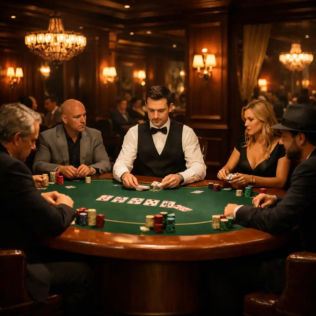 Table de poker dans un casino élégant avec des joueurs et un croupier sous un éclairage tamisé