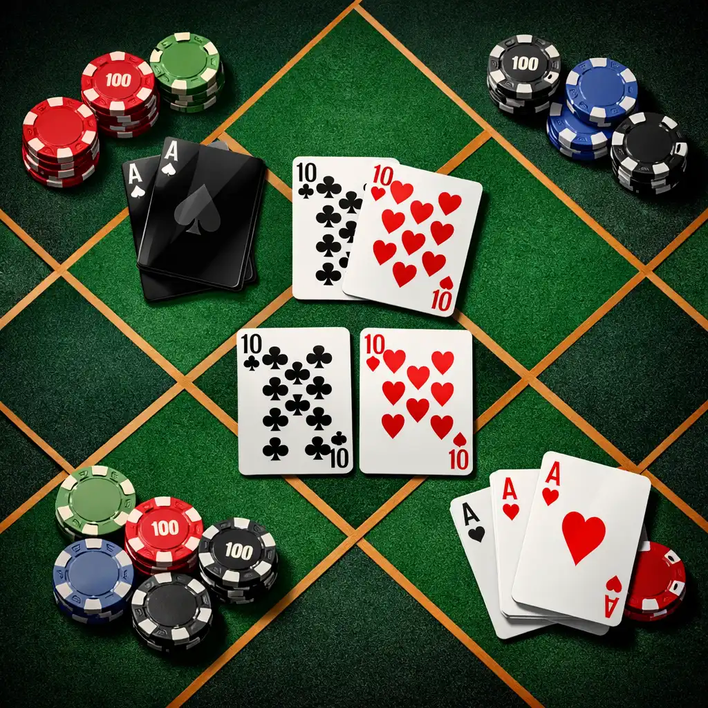 Vue de dessus de cartes à jouer et de jetons de poker colorés sur un tapis de feutre vert