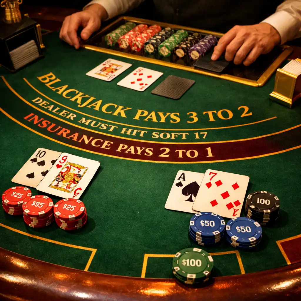 Table de blackjack dans un casino physique, avec cartes, jetons et tapis vert, vue en plongée