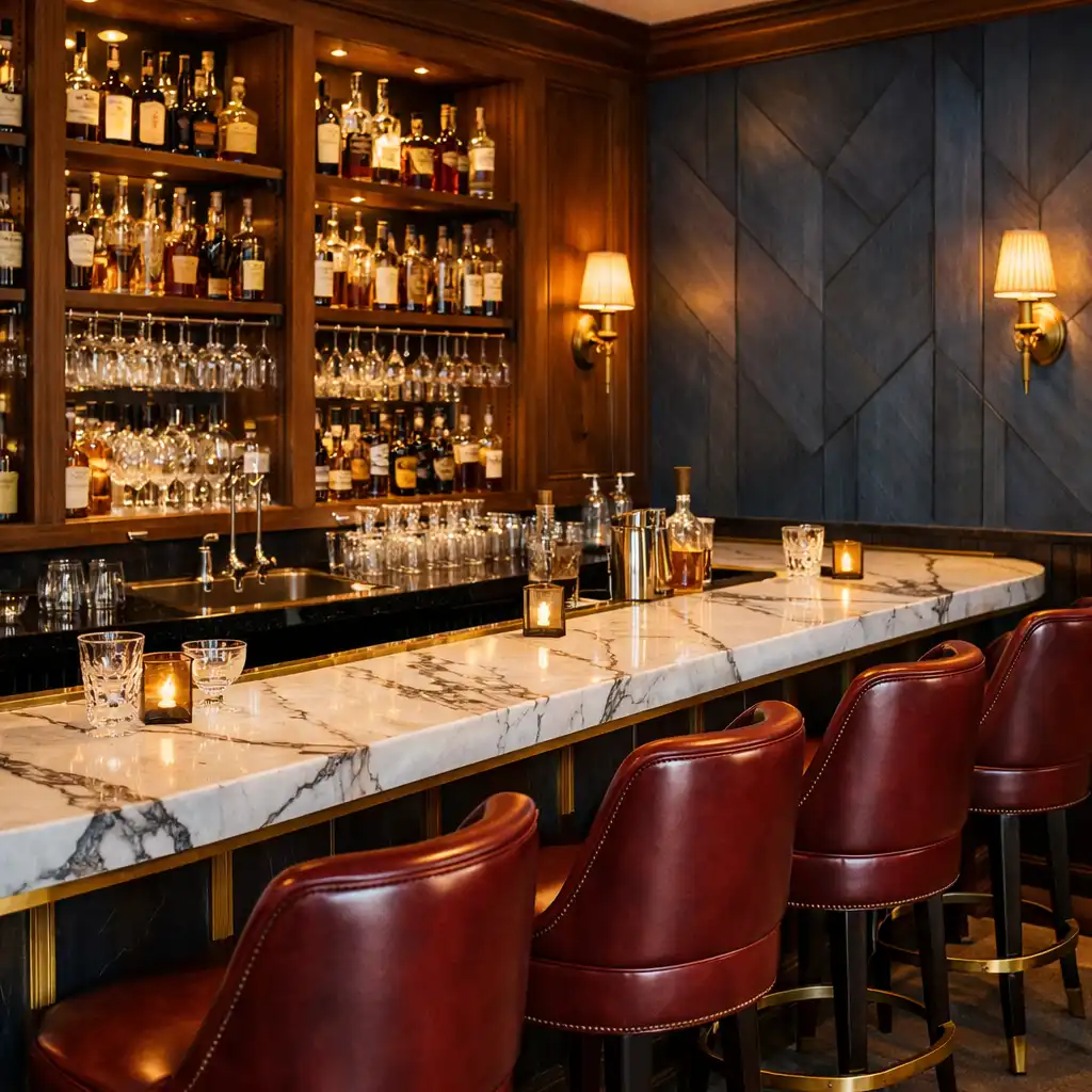Bar élégant avec comptoir en marbre blanc veiné, tabourets hauts en cuir bordeaux et étagères en bois avec bouteilles.
