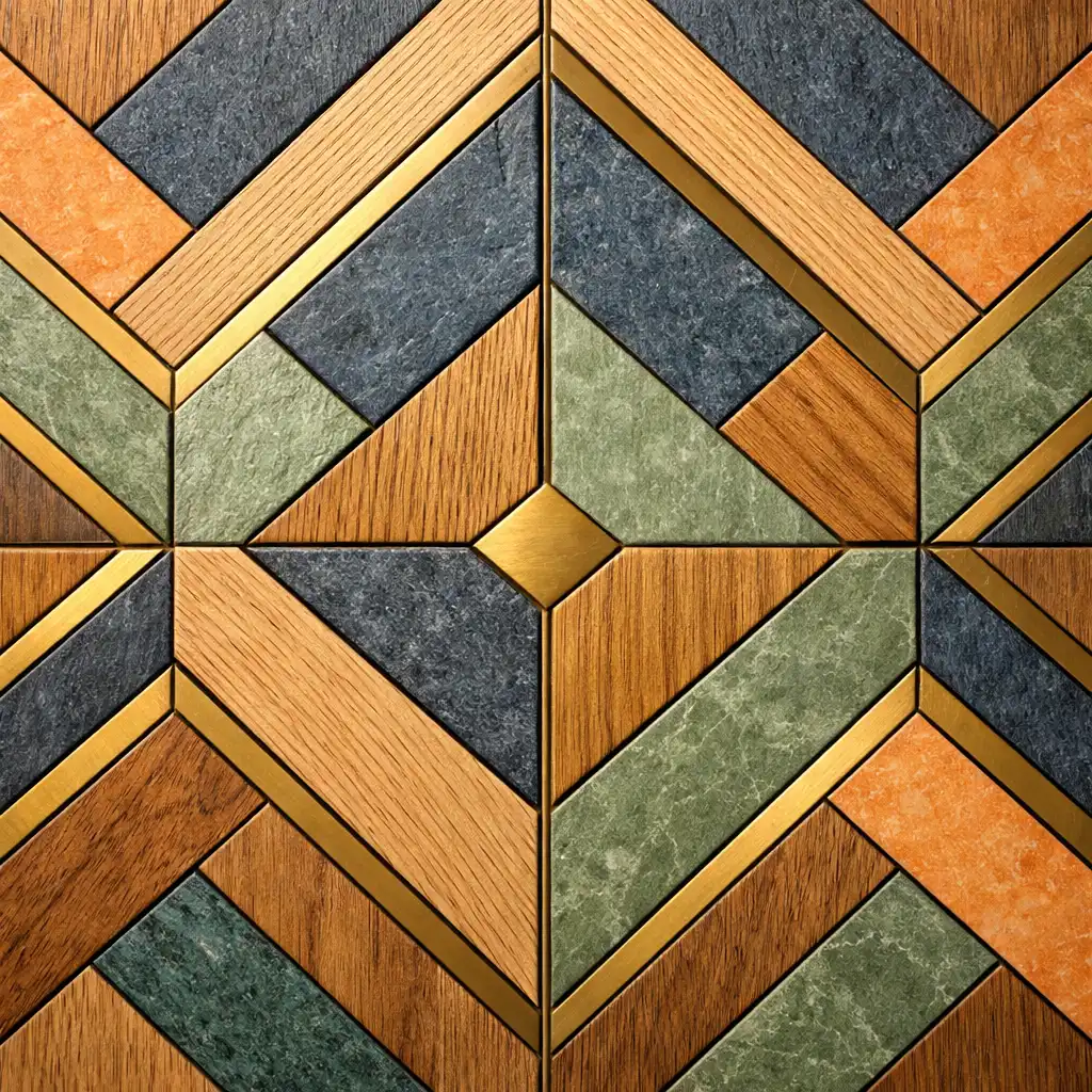 Détail en gros plan d'un panneau de marqueterie géométrique avec bois, pierre et laiton.