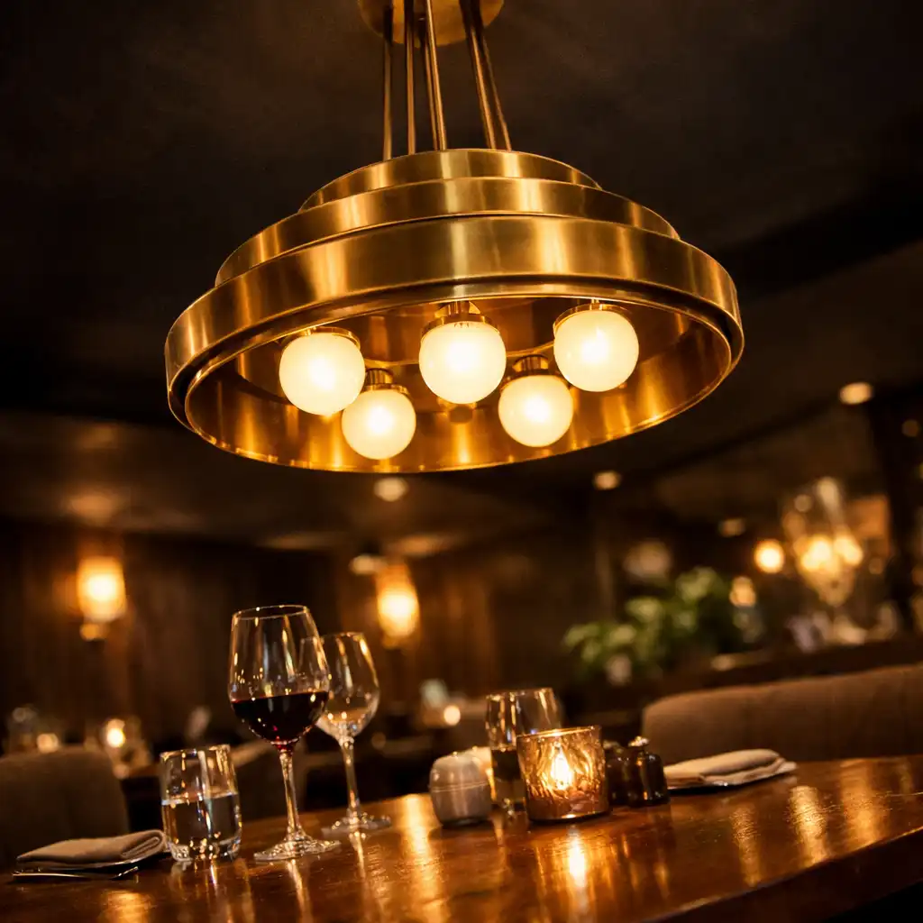 Suspension en laiton au-dessus d'une table, créant une ambiance tamisée.