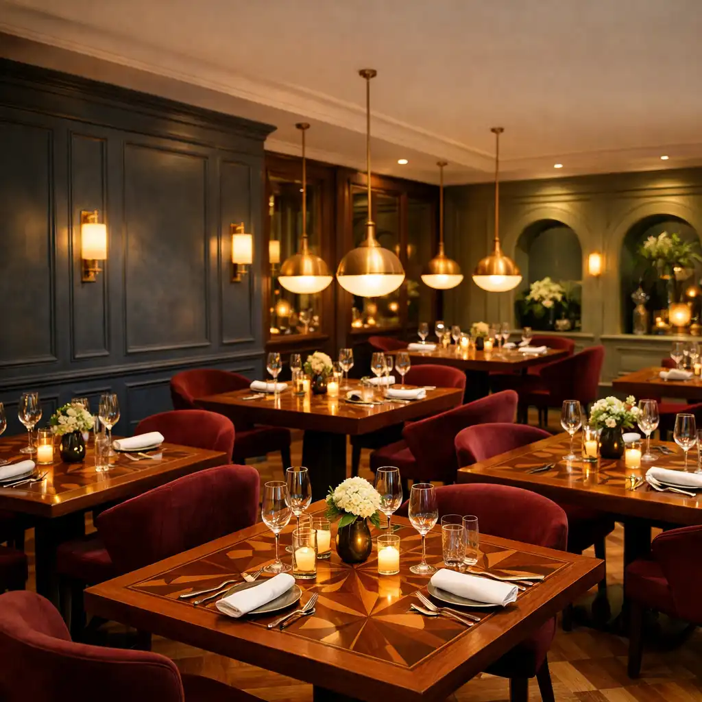 Vue d'ensemble de la salle principale du restaurant Tables et Gourmand, avec tables en bois noble, chaises en velours bordeaux et suspensions en laiton.