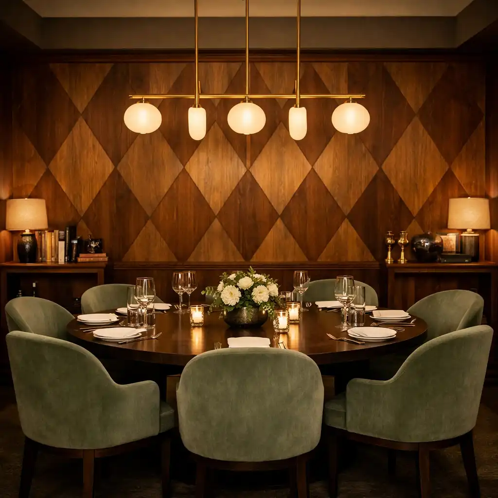Salon privé avec table ronde en bois sombre, chaises en velours vert sauge et panneaux de marqueterie en losanges.