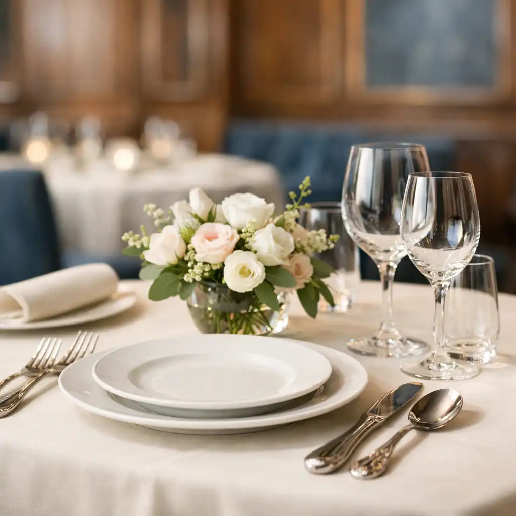 Table dressée avec élégance dans la salle principale, nappe ivoire, assiettes en céramique blanche et verres en cristal.