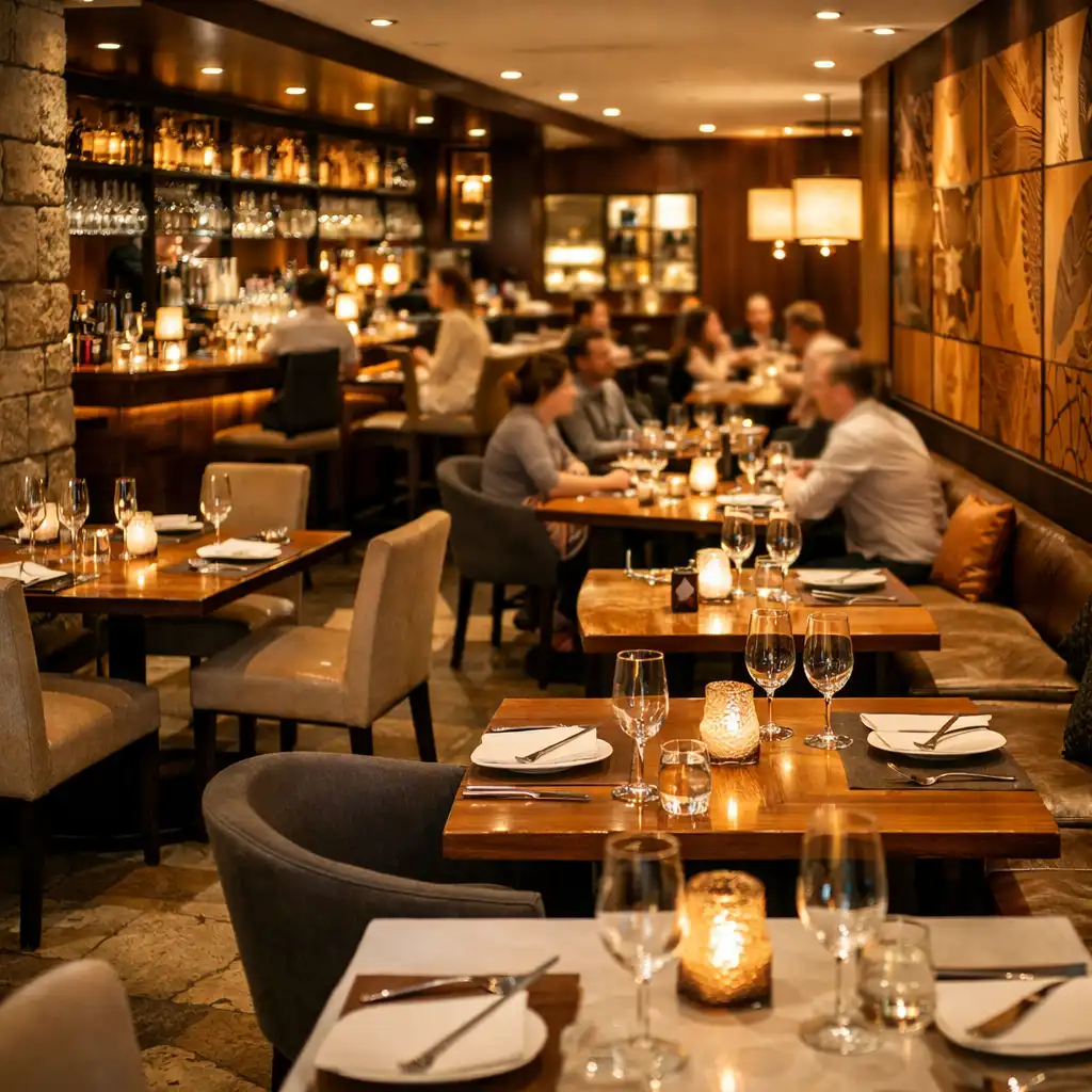 Vue d'ensemble de la salle du restaurant depuis une extrémité, montrant les tables, le bar et les panneaux de marqueterie.