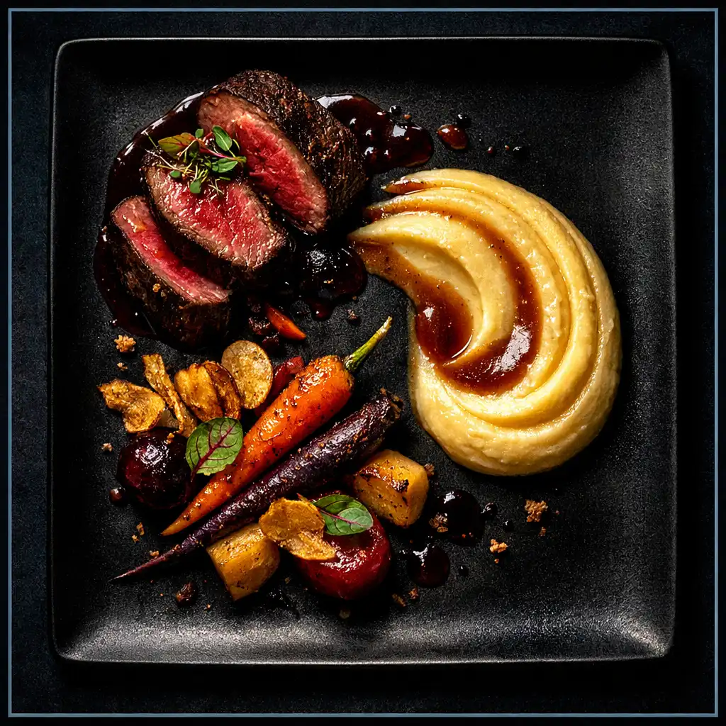 Plat signature de viande rouge avec purée onctueuse et légumes racines