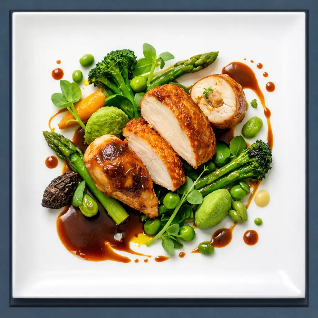 Plat signature de volaille rôtie avec légumes verts et jus corsé