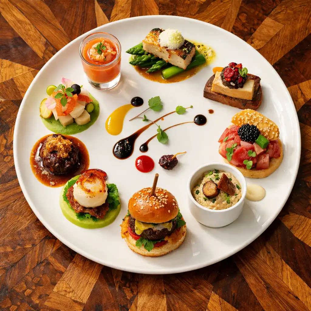 Assiette de dégustation de plusieurs plats signature disposés en cercle