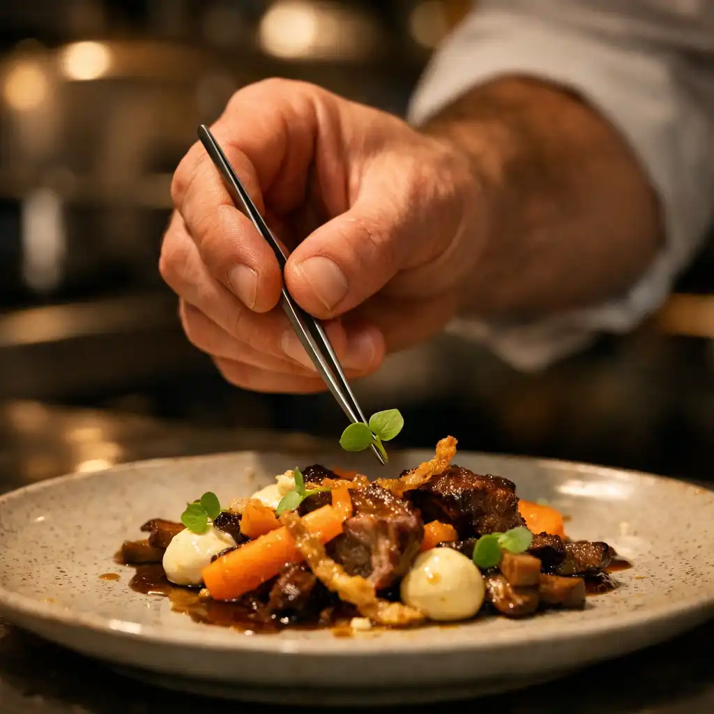 Main de chef dressant une assiette avec précision en cuisine