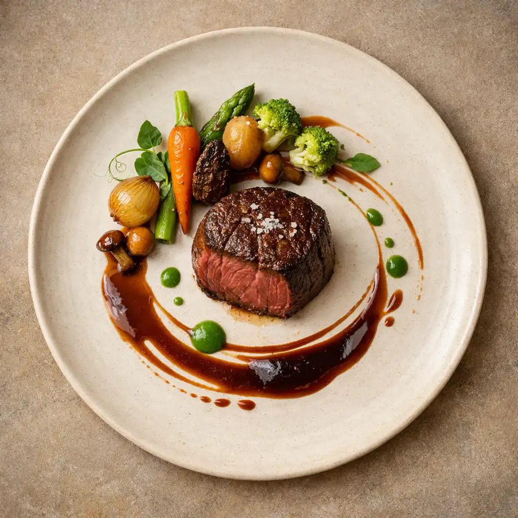 Plat signature gastronomique présenté en vue top-down
