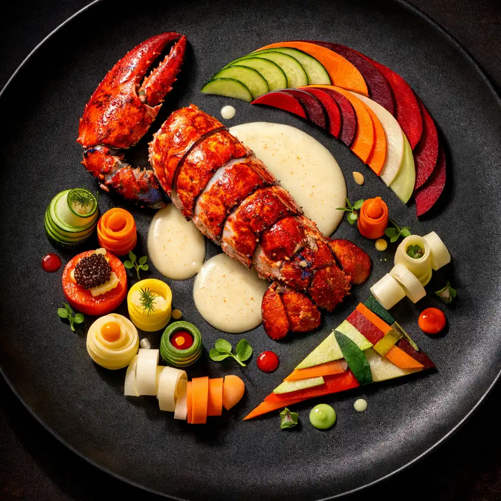 Plat gastronomique signature dressé avec précision, vu de dessus, avec des éléments colorés disposés géométriquement