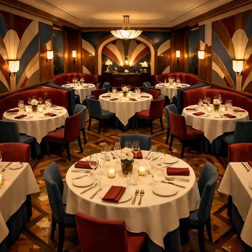 Vue d'ensemble de la salle du restaurant gastronomique Tables et Gourmand, avec des tables dressées et un éclairage tamisé