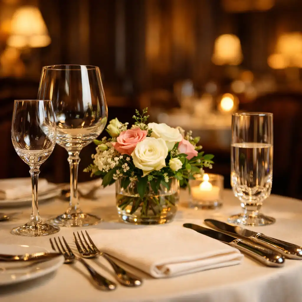 Gros plan sur une table dressée du restaurant, avec nappe ivoire, couverts en argent et verres en cristal