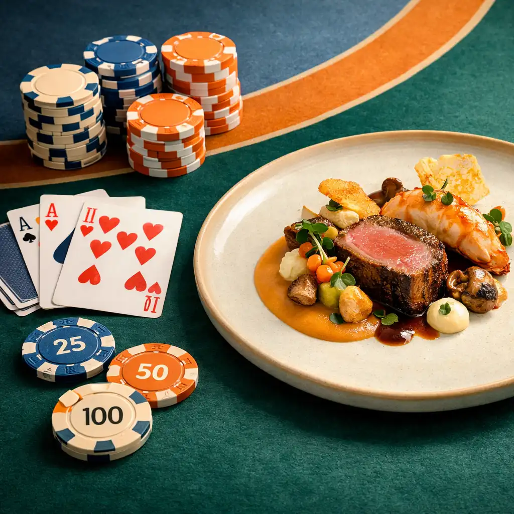 Gros plan sur une table de jeu avec cartes, jetons et une assiette gastronomique, symbolisant la fusion entre cuisine et jeu